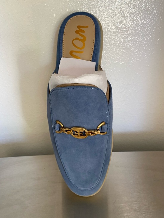 SAM EDELMAN Shoes - NEW.. SAM EDELMAN WOMENS BLUE SUEDE SLIP ON LOAFER MULES WITH BIT GOLD HARDWARE
